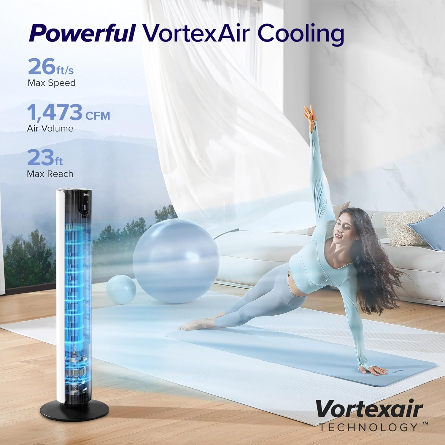 Levoit Tower Fan for Bedroom, 26ft/s Smart Standing Fans that Blow Cold Air