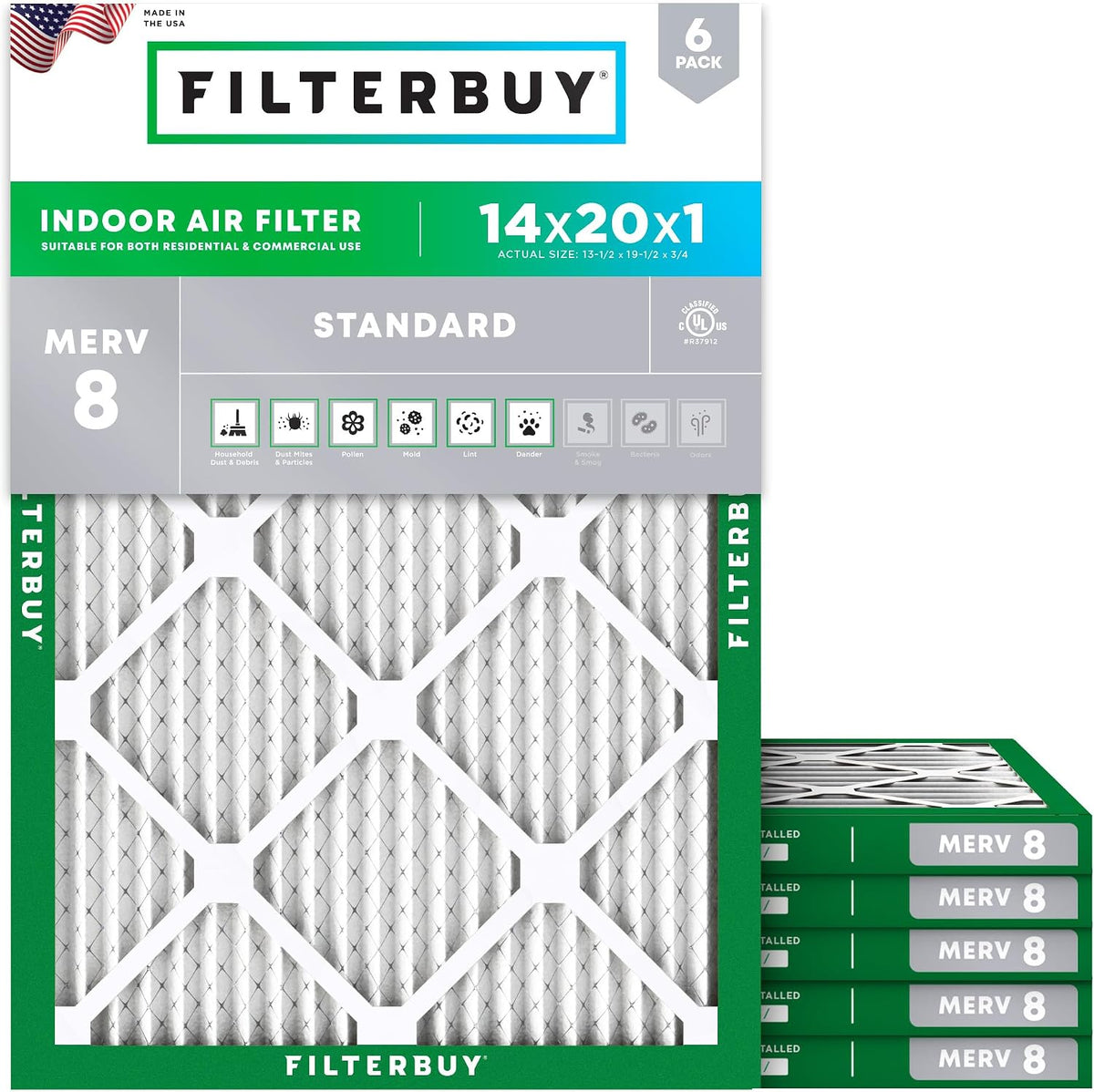 Filterbuy 14x20x1 Air Filter MERV 8 Dust & Allergy Defense (6-Pack)
