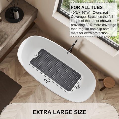 TEESHLY Bath Tub and Shower Mats, Non Slip 40 x 16 Inch Extra Large Bathtub Mat, Machine Washable Bathmat with Drain Holes, Suction Cups for Bathroom Floor, Clear Black