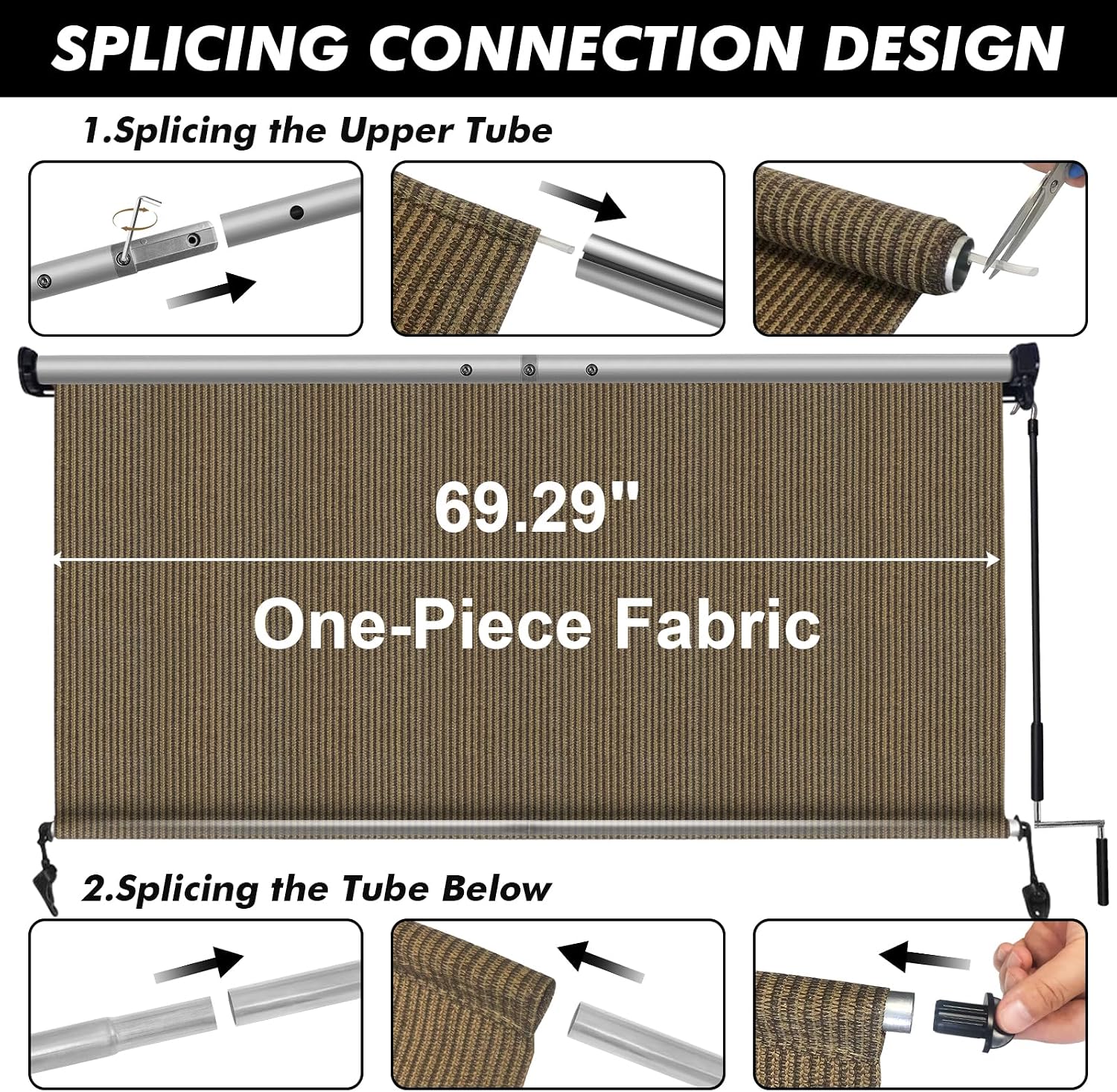 Artpuch Outdoor Roller Shade 6' W x 8' H, Walnut Exterior Cordless Patio Shades Roll Up Blinds with Spliced Pole Design, (2 Poles, One-Piece Fabric)
