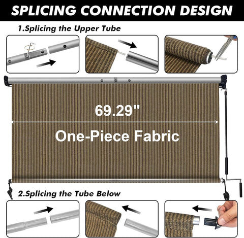 Artpuch Outdoor Roller Shade 6' W x 8' H, Walnut Exterior Cordless Patio Shades Roll Up Blinds with Spliced Pole Design, (2 Poles, One-Piece Fabric)
