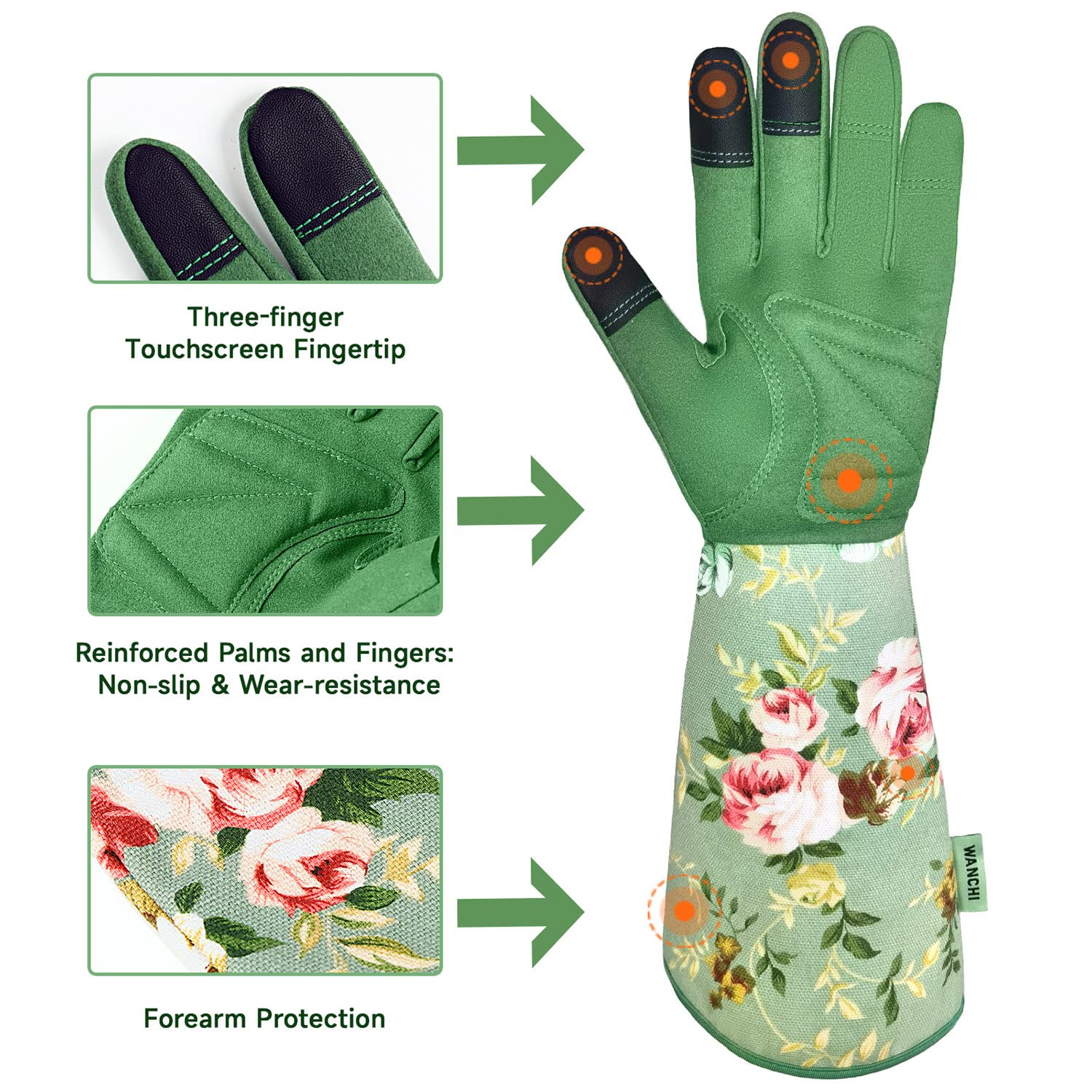 WANCHI Ladies Gardening Gloves,Long Garden Gloves for Women,Green Large