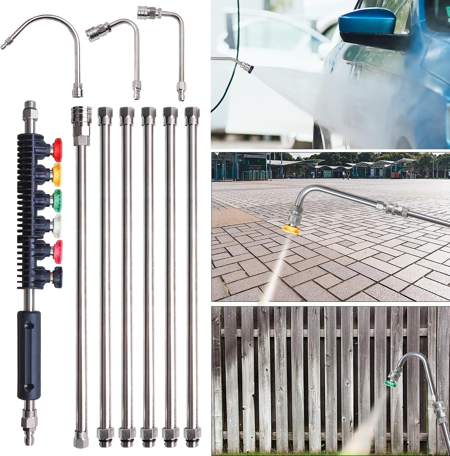 Xiny Tool Pressure Washer Extension Wand, 10 Pack Power Washer Lance with 6 Atomization Nozzle Tips,1 Gutter Cleaner Attachment Curved Rod, 1/4" Quick Connect, 4000 PSI