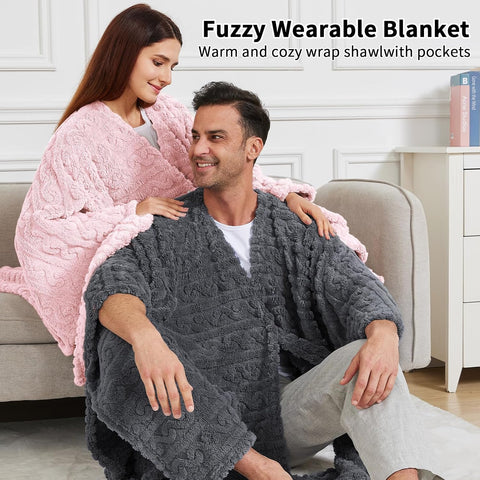 Wearable Blanket Poncho Cape Wrap for Adult, Cozy Sherpa Fleece Pocketed Shawl TV Throw Blankets for Office and Lounge,Pink