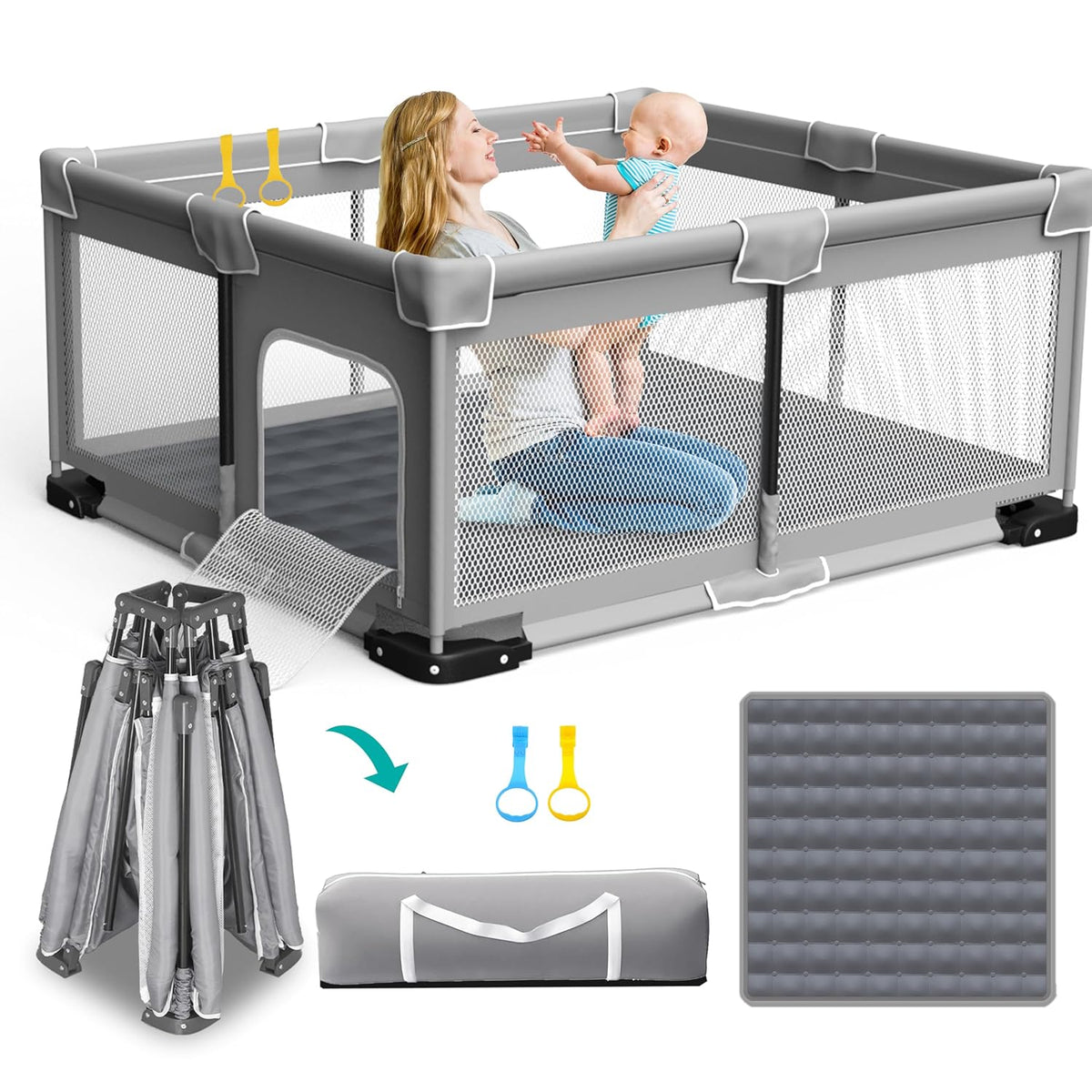 ICAREWAY Foldable Playpen for Babies and Toddlers, 71"x59" Inches Portable Playpen with Mat, Kids Collapsible Play Pen with 2 Handlers, Indoor & Outdoor Baby Play Area with Visible Mesh (Light Gray)
