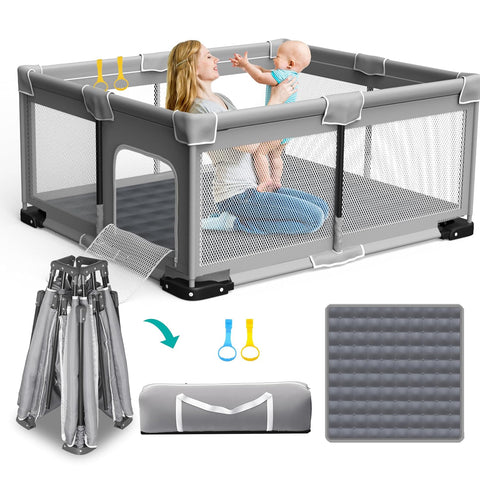 ICAREWAY Foldable Playpen for Babies and Toddlers, 71"x59" Inches Portable Playpen with Mat, Kids Collapsible Play Pen with 2 Handlers, Indoor & Outdoor Baby Play Area with Visible Mesh (Light Gray)
