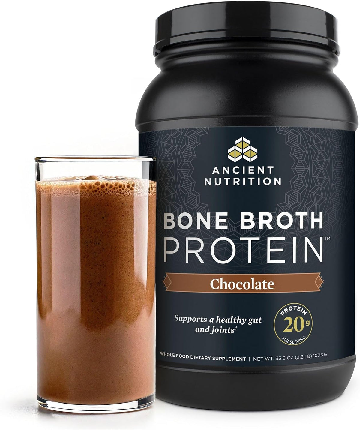 Ancient Nutrition Grass Fed Bone Broth Protein Powder, Chocolate