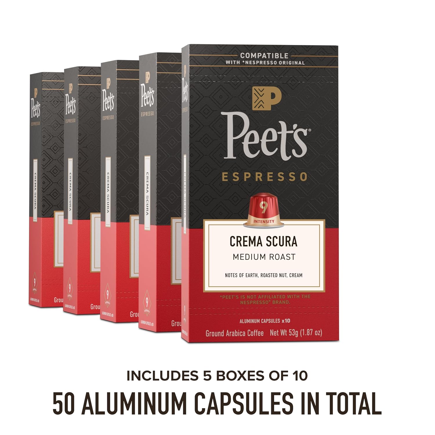 Peet's Coffee, Medium Roast Espresso Capsules, Compatible with Nespresso Original Machine, 100% Arabica Coffee - Crema Scura Intensity 9, 50 Count (5 Boxes of 10 Espresso Capsules)