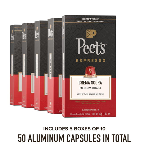 Peet's Coffee, Medium Roast Espresso Capsules, Compatible with Nespresso Original Machine, 100% Arabica Coffee - Crema Scura Intensity 9, 50 Count (5 Boxes of 10 Espresso Capsules)