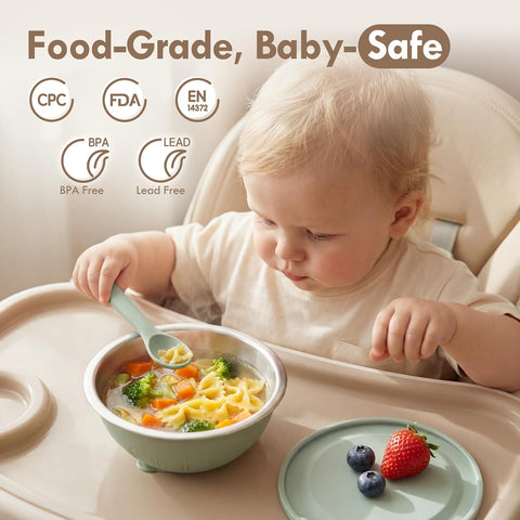 Moonkie Baby Bowls with Suction, Stainless Steel & Silicone Toddler Bowls with Lids, Seamless One-Piece Design Silicone Bowls for Babies 4 Months+, 13oz, BPA-Free, Lead-Free, Dishwasher Safe, 2 Pack