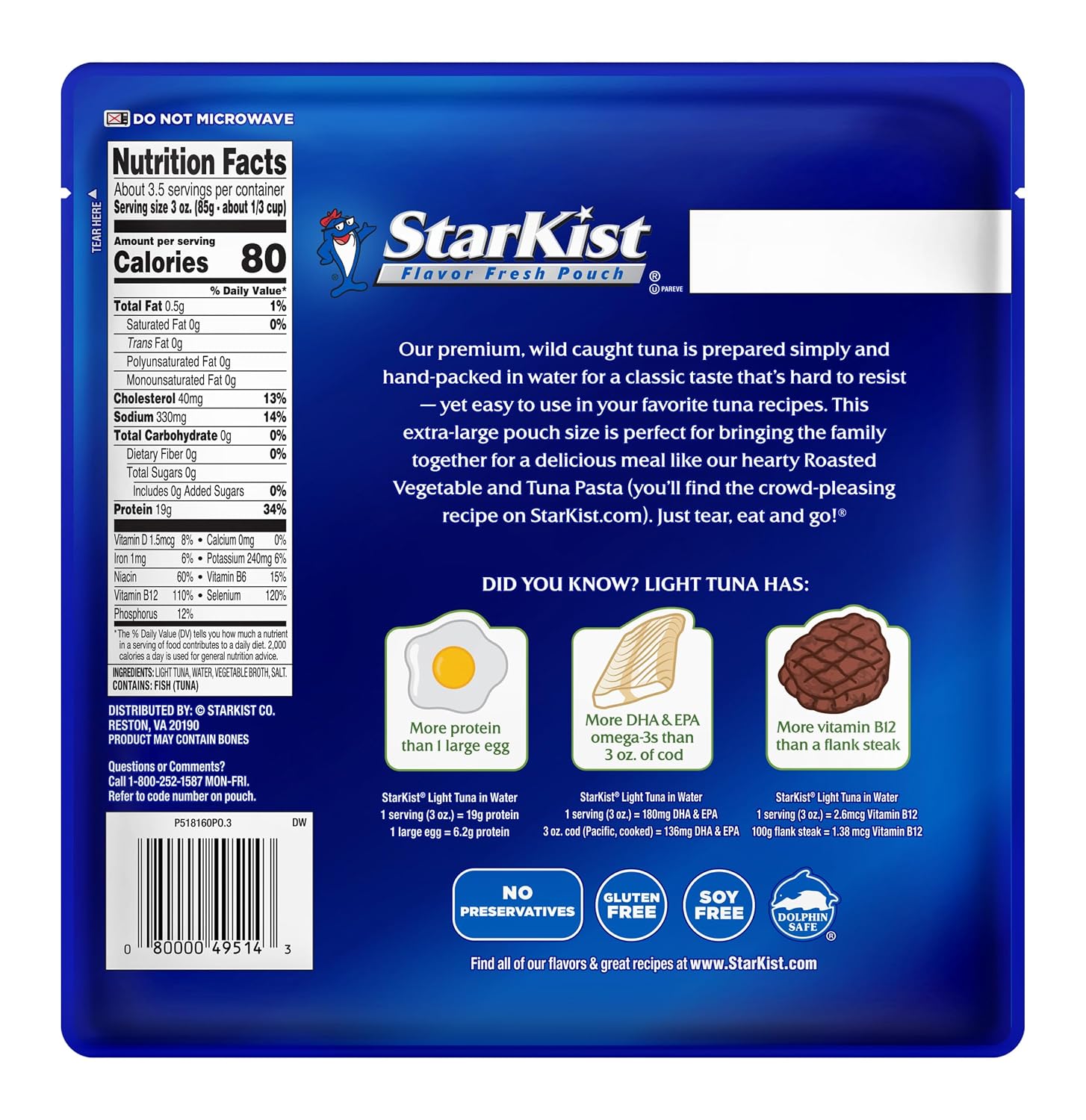 StarKist Wild Caught Light Tuna in Water, 11oz Pouch, 12-Pack | 19g Protein Per Serving, Ready to Eat, Shelf Stable Seafood, Gluten Free, Soy Free, No Draining for Salads and Sandwiches