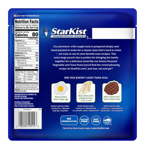 StarKist Wild Caught Light Tuna in Water, 11oz Pouch, 12-Pack | 19g Protein Per Serving, Ready to Eat, Shelf Stable Seafood, Gluten Free, Soy Free, No Draining for Salads and Sandwiches