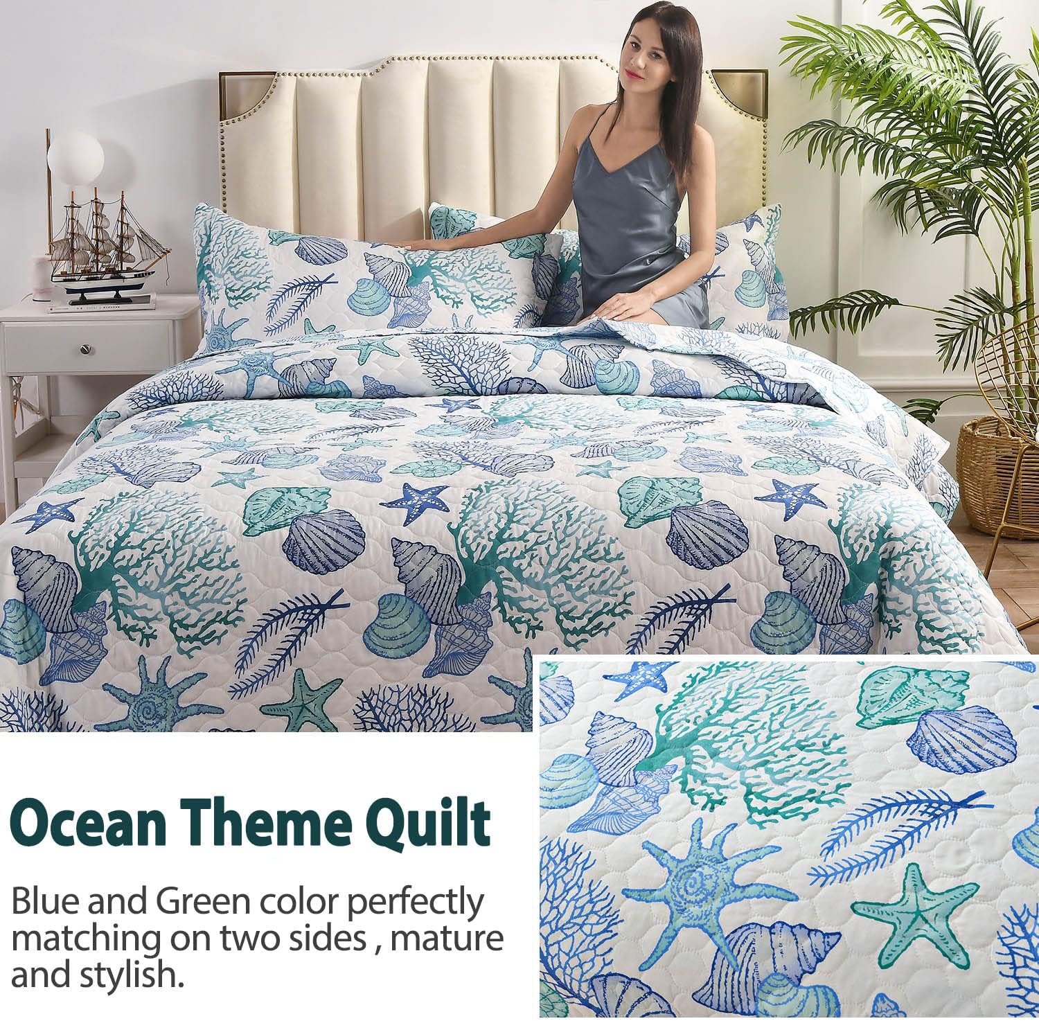 3 Piece Quilts Full/Queen Size Ocean Theme,Lightweight Coastal Beach Bedding Seashell Conch Starfish Bedspread Coverlet with 2 Pillowshams