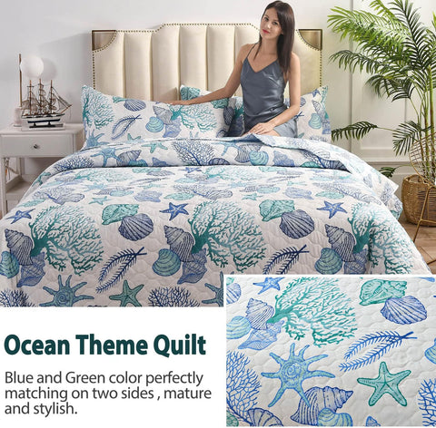 3 Piece Quilts Full/Queen Size Ocean Theme,Lightweight Coastal Beach Bedding Seashell Conch Starfish Bedspread Coverlet with 2 Pillowshams