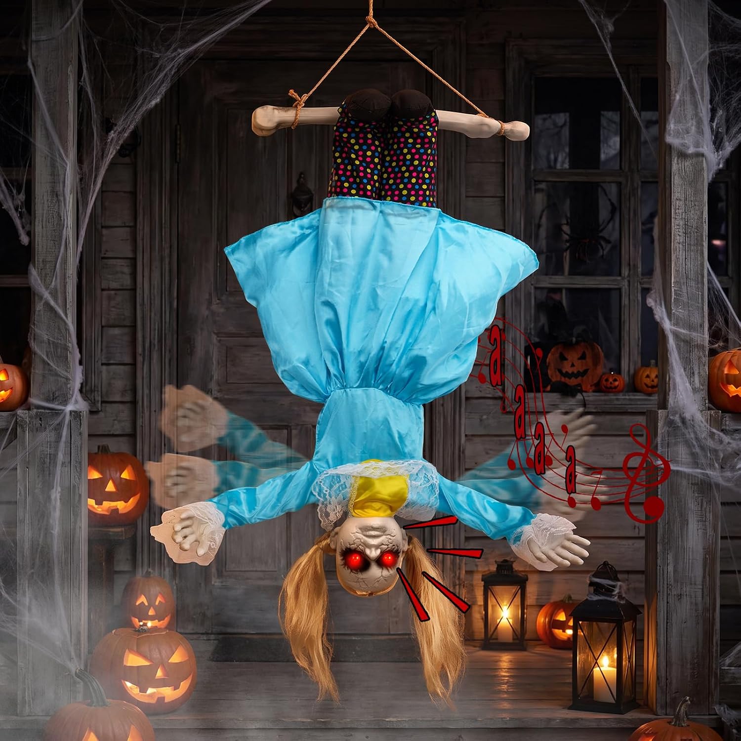 40in Scary Halloween Decorations Outdoor with Flailing Arms, Scary Sounds & Glowing Red Eyes, Hanging Swinging Doll for Yard Porch Indoor Outside