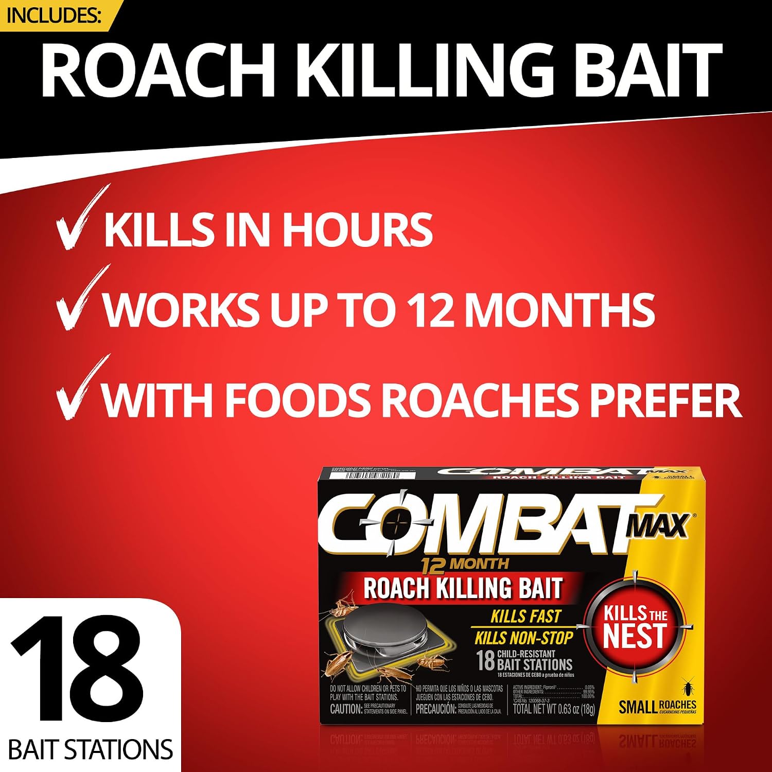 Combat Max 12 Month Roach Killing Bait, Small Roaches, Kill Nest, 18 Count