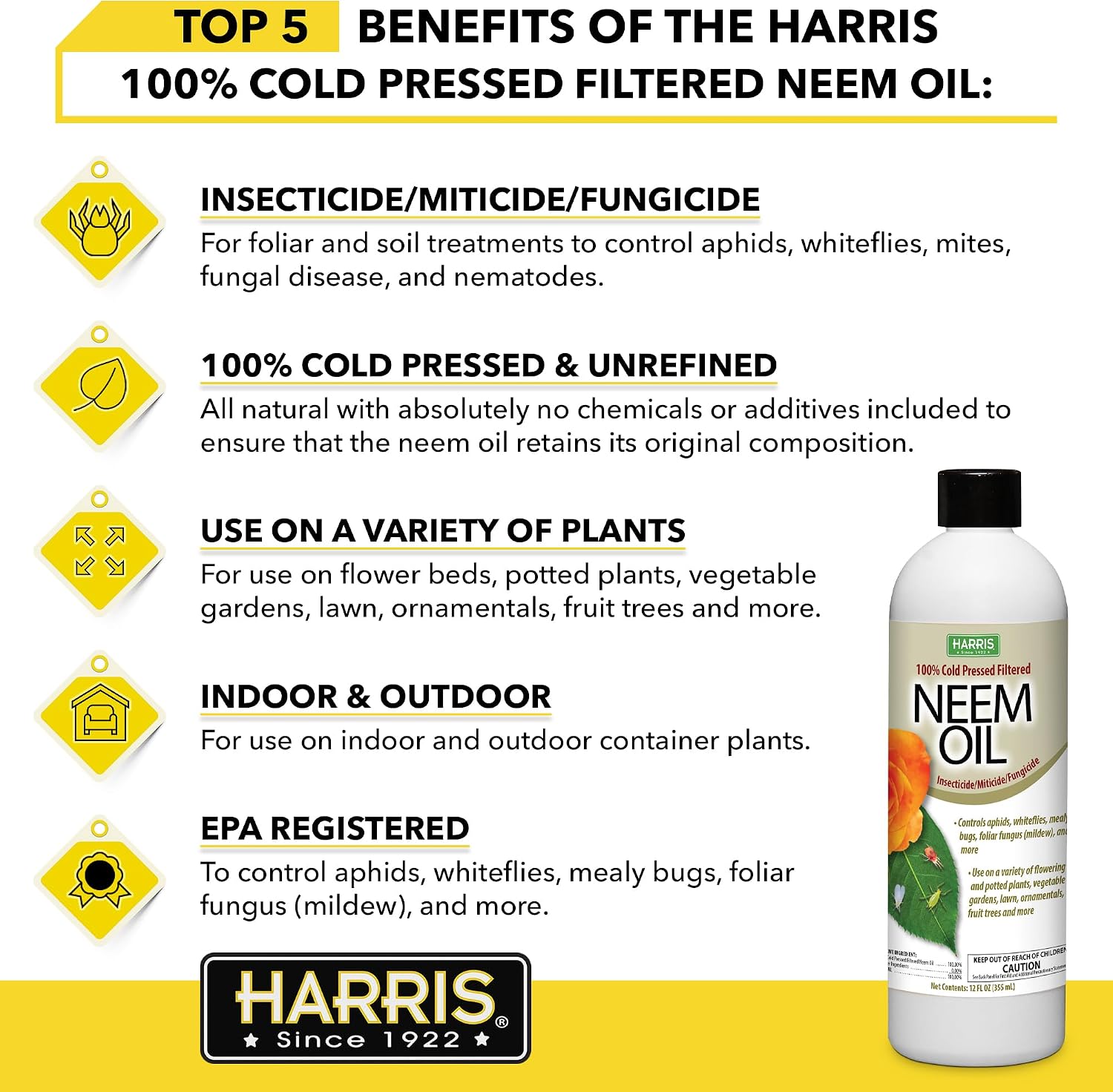 Harris Concentrated Neem Oil 100% Cold Pressed Filtered Oil Insecticide/Miticide/Fungicide, 12 oz Concentrate