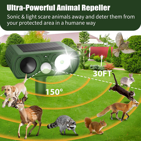 Solar Ultrasonic Animal Repellent, Deer Repellent Devices Waterproof, Cat Repellent Outdoor with Motion Detection Squirrel Skunk Rabbit Dog Raccoon Deterrents Animal Repeller for Yard, 2 Pack, Green