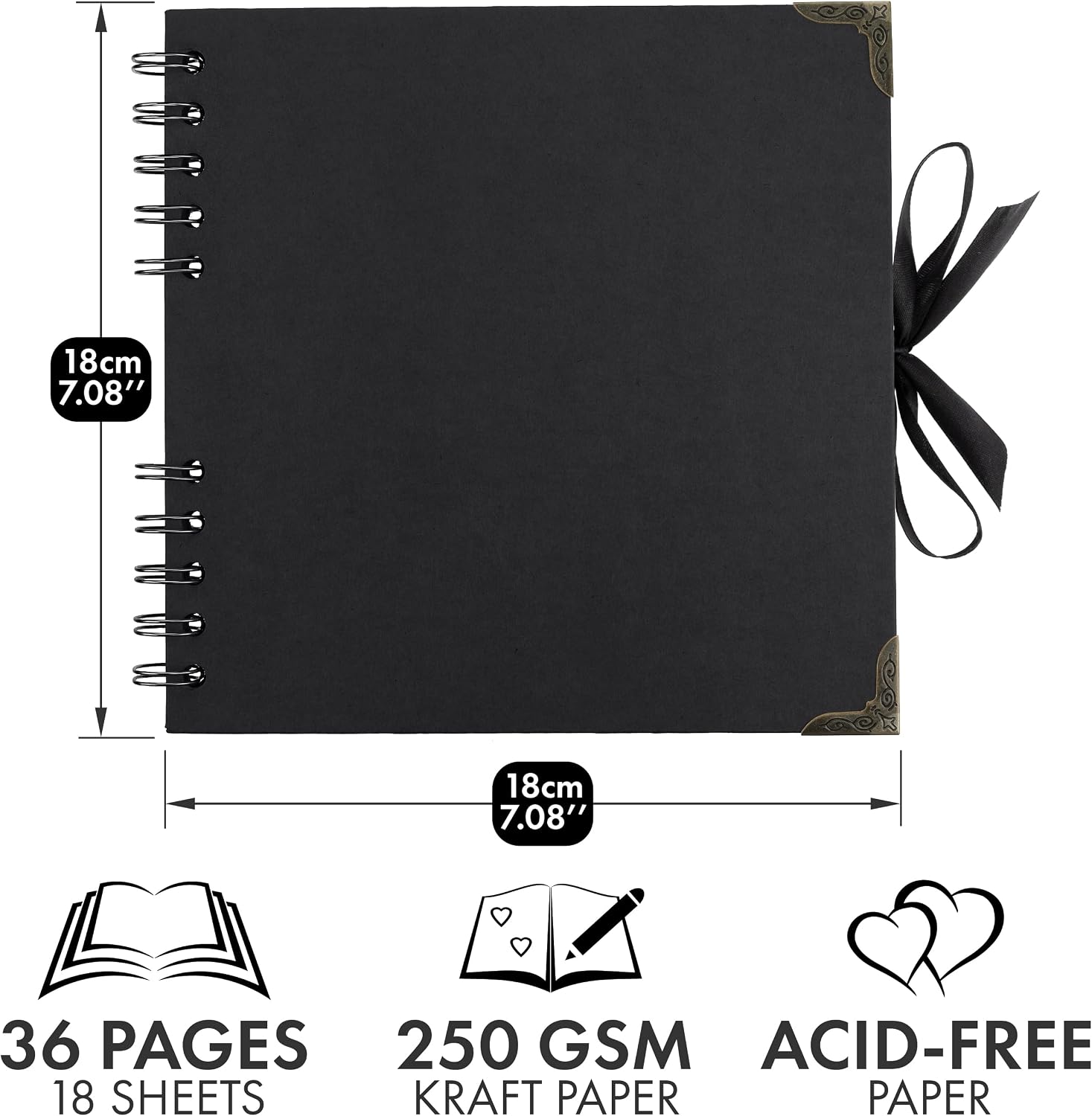 Scrapbook Album, 36 Pages, 7 x 7 Inch, Black Photo Album, Scrap Book