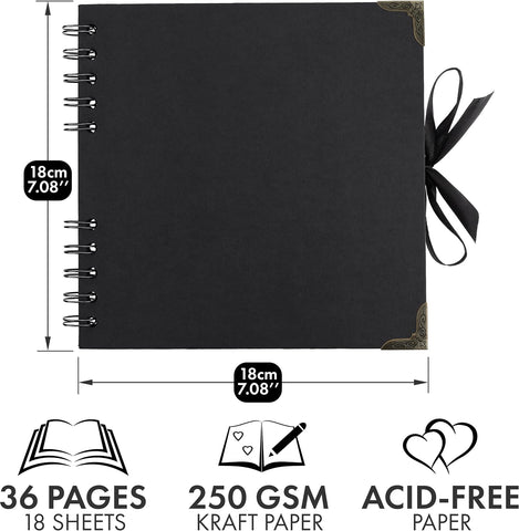 Scrapbook Album, 36 Pages, 7 x 7 Inch, Black Photo Album, Scrap Book