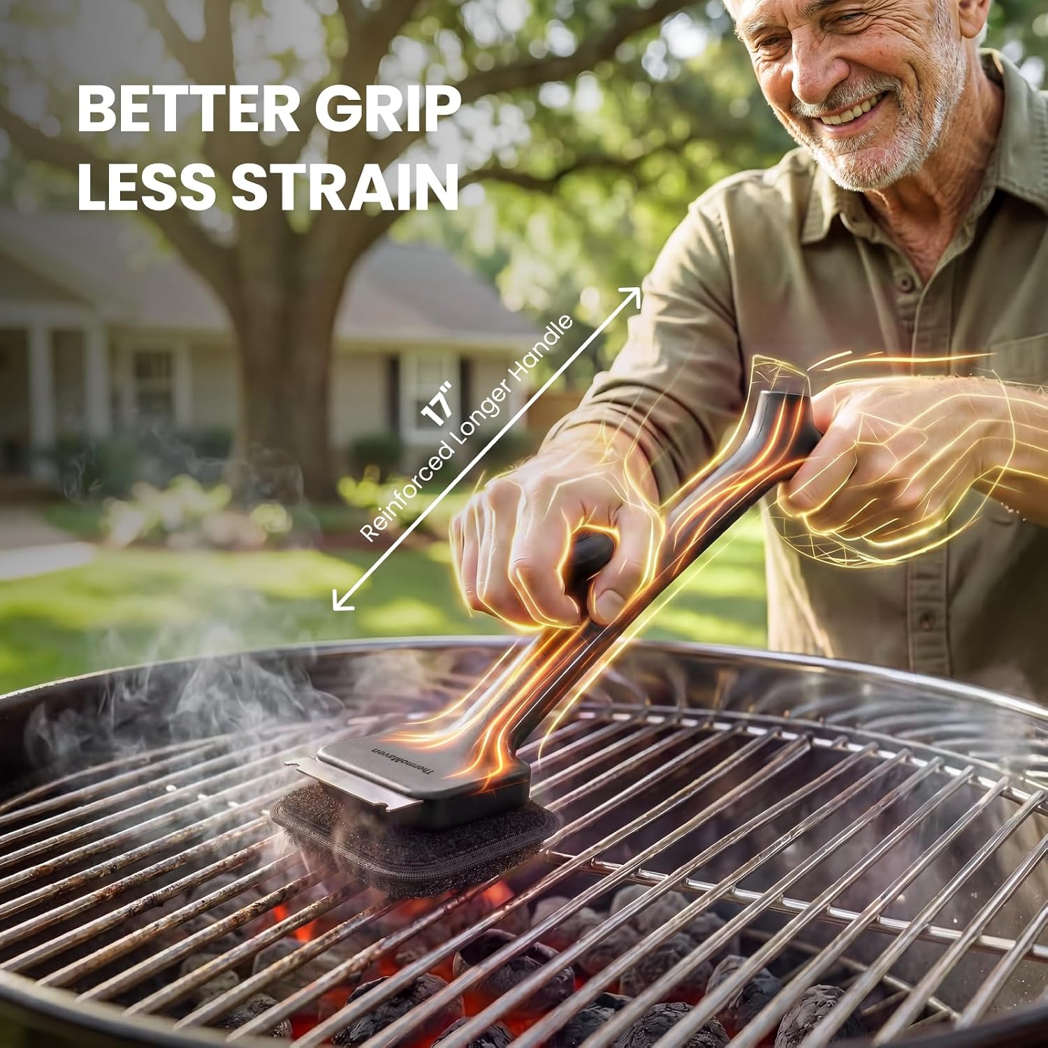ThermoMaven Bristle-Free BBQ Grill Brush - No Wire Risk Steam Cleaner Removes Burnt Grease Fast - 17" Cool-Touch Handle, Scraper & 3 Replaceable Heads for Gas, Charcoal & Cast Iron