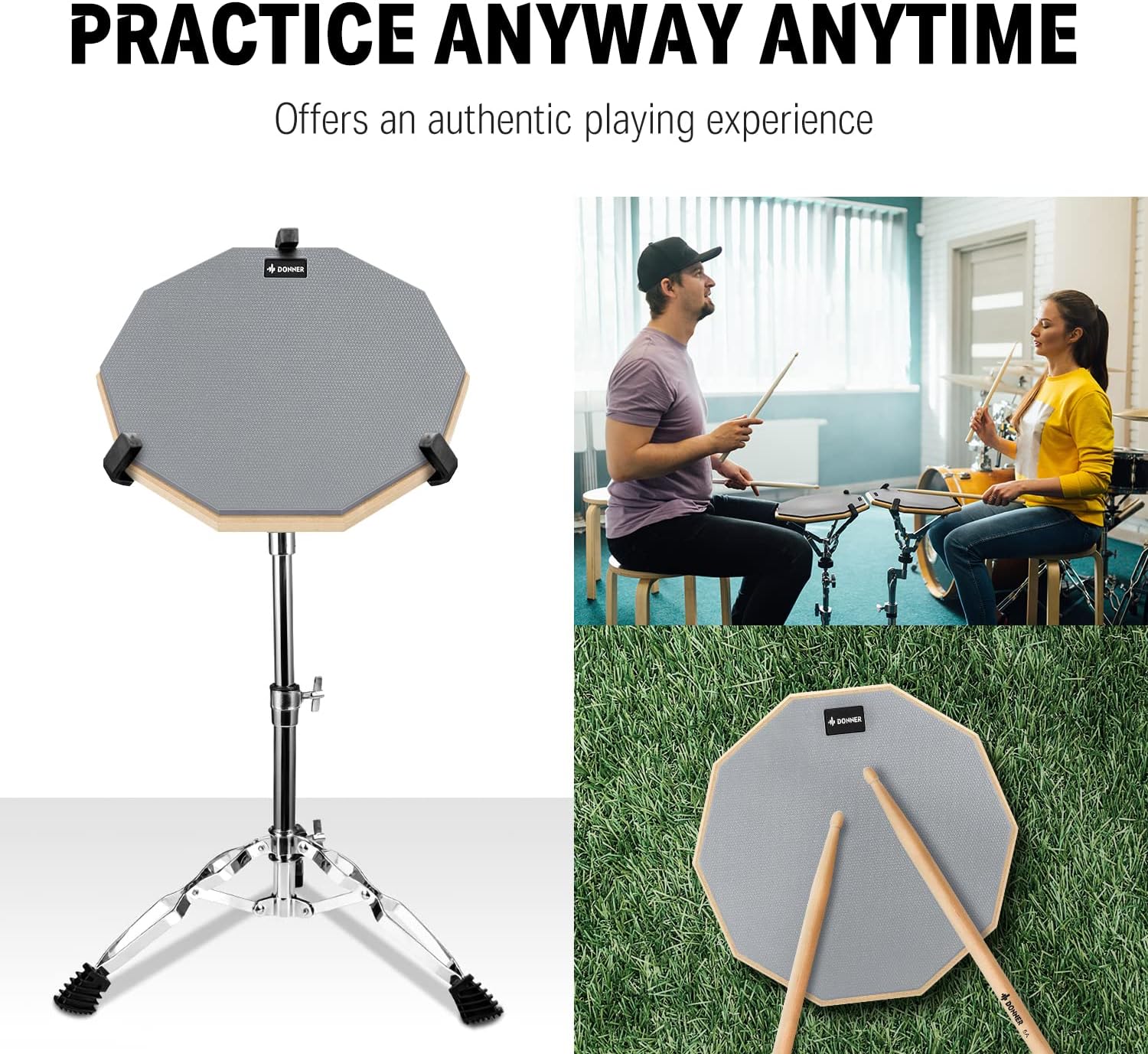 Donner 12 Inches Drum Practice Pad Silent Drum Pad Set Gray 2-Sided With Drum Sticks