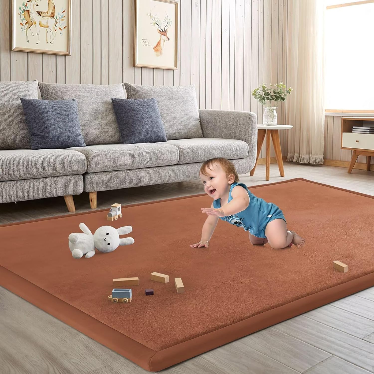 Baby Play Mat for Floor Nursery Muscle Area Rug Playroom Rug 65"x50" Elastic Foam 1.3" Thick Crawling Mat for Babies,Toddlers, Infants(Brick Red)