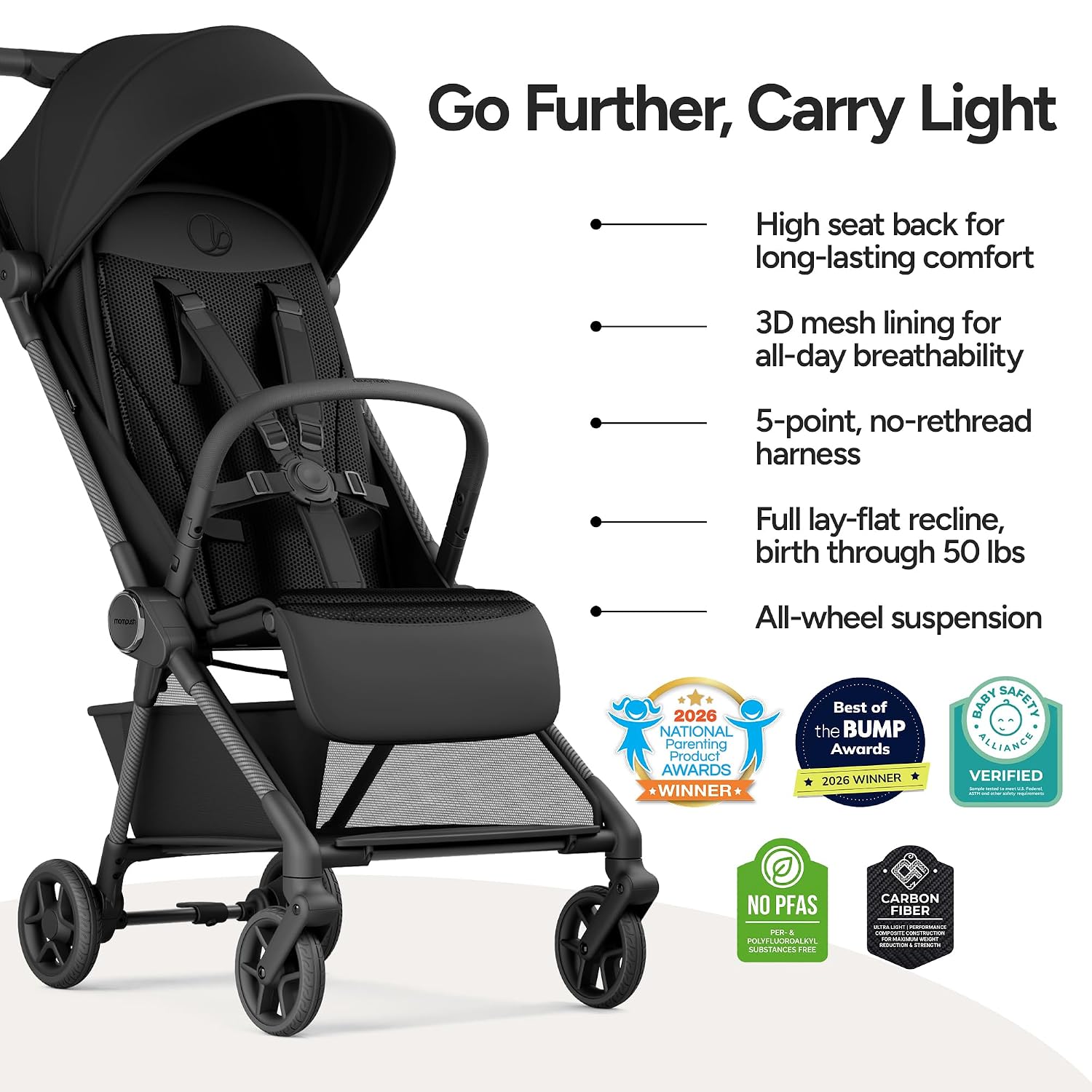 Mompush Nexis Carbon Fiber Lightweight Travel Stroller, Carry-On, Black