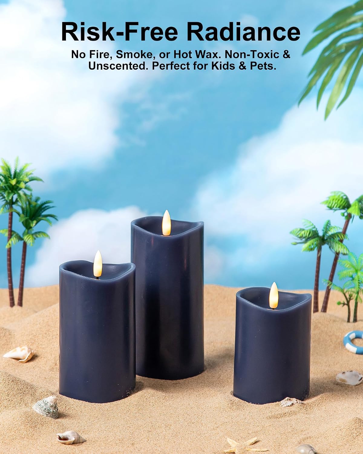 Navy Blue Real Wax Flameless Pillar Candles, Battery Operated with Remote