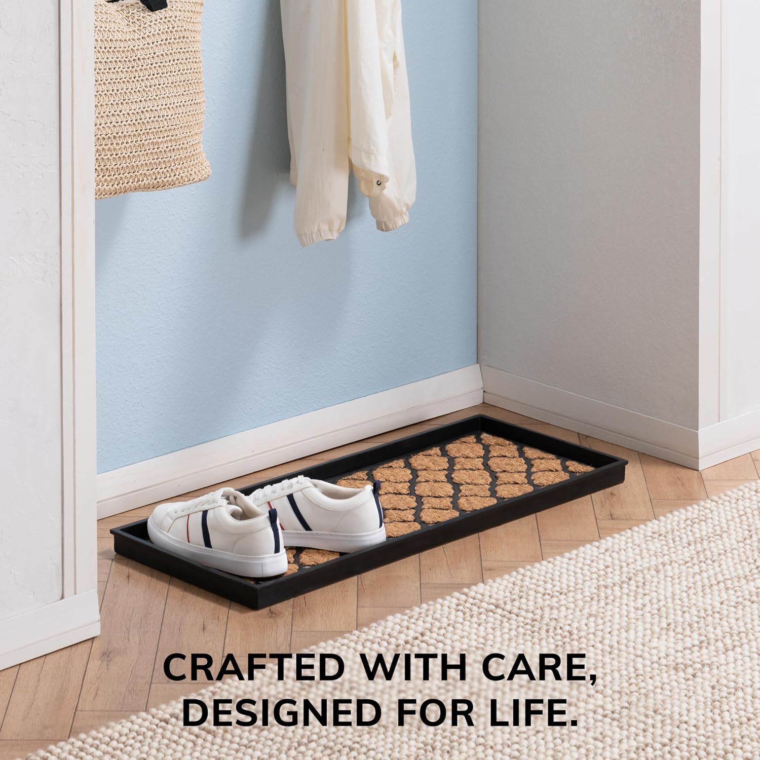Anji Mountain Heavy Duty Waterproof Rubber Shoe Storage Mat Organizer/Boot Storage Multi Use for Entryway with Coir, Tan and Black Trellis Insert, Fits 3 Pair (34.5" Wide)
