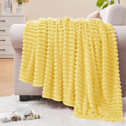 BEDELITE 3D Ribbed Light Yellow Fleece Twin Blanket for Couch, 60x80 Inch