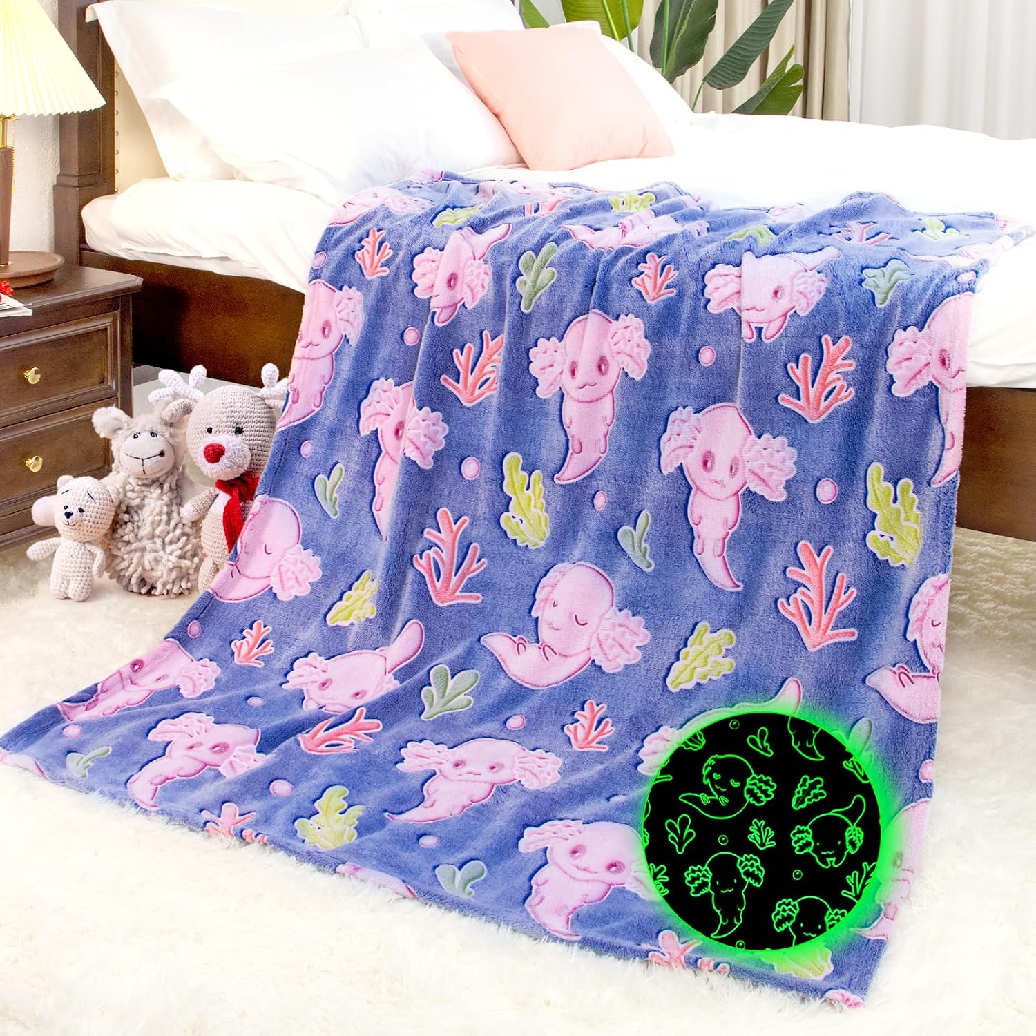 Axolotl Blanket Gifts for Girls, Glow in the Dark Blankets for Girls, Axolotl Toys Room Birthday Decoration, Soft Plush Fleece Toddler Blanket for Travel Daycare, 40x60 Inches