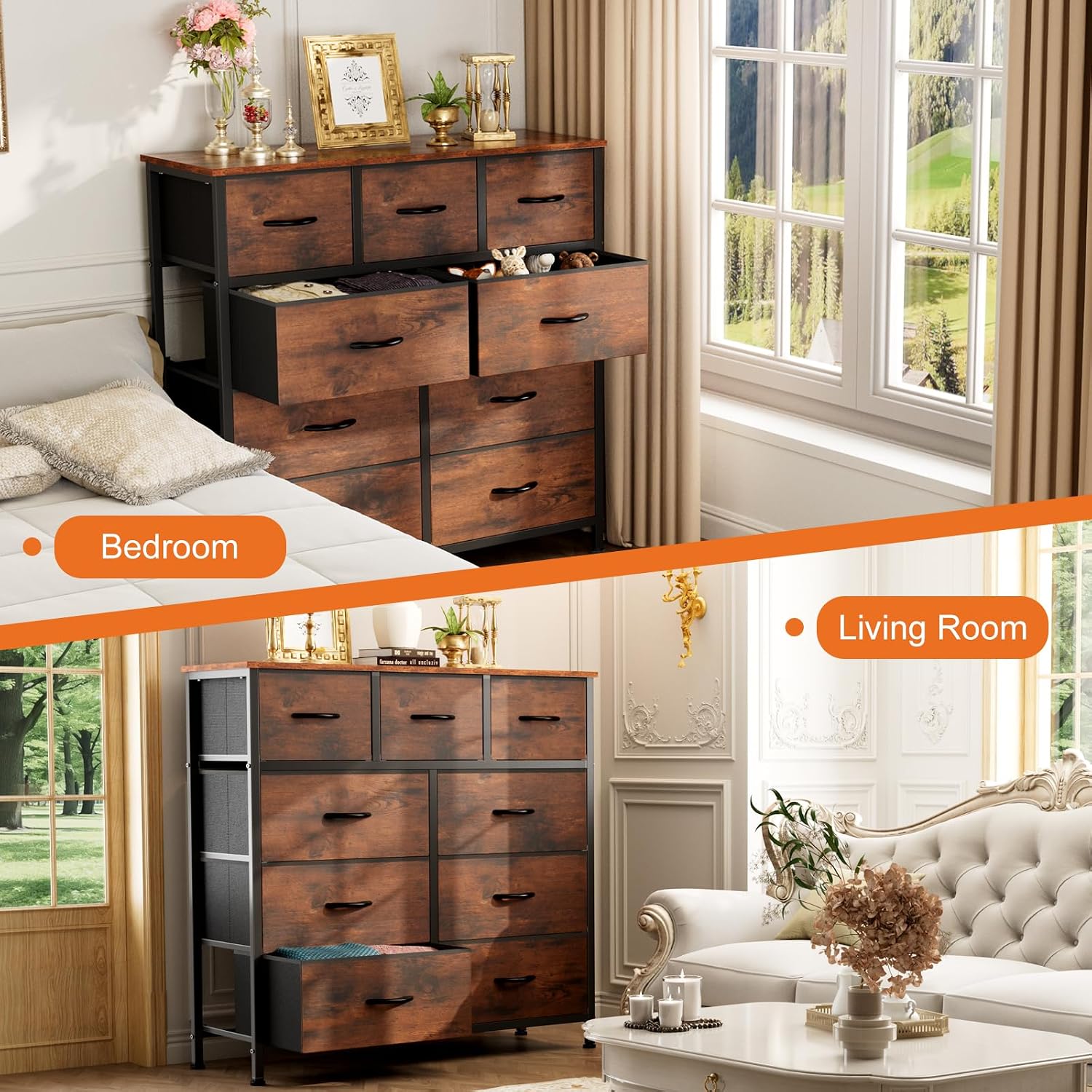 Sweetcrispy 9 Drawer Fabric Dresser Storage Tower Drawer Organizer, Brown