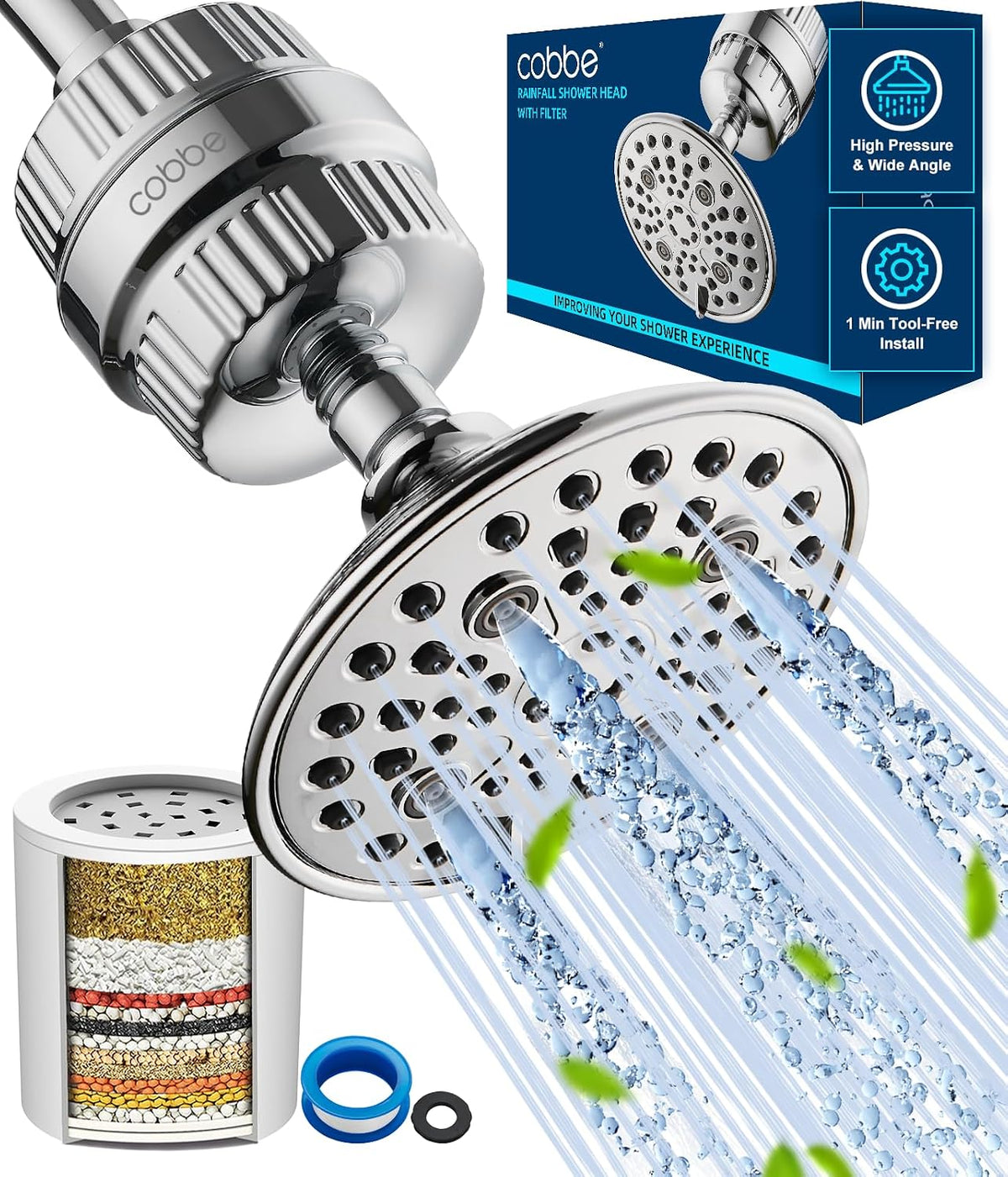 Cobbe 6 Spray High Pressure Filtered Shower Head for Hard Water Combo