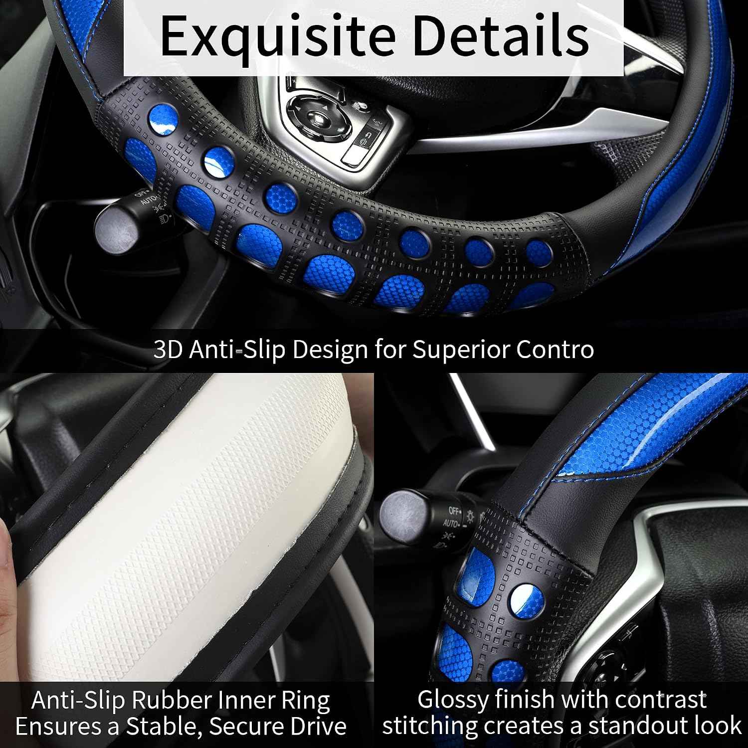 PU Leather Car Steering Wheel Cover with Anti-Slip Grip, for Women and Men, Universal Fit for 14.5-15 Inch Cars, Trucks, SUVs (Blue (Round), Medium(Standard) Size[14 1/2''-15''])