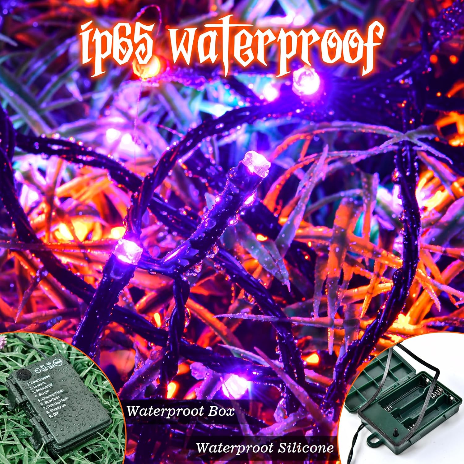 Halloween Lights String Total 100LED Battery Operated Outdoor 8 Modes with Timer 16.4Ft*2, 50LED*2 Waterproof Fairy Lights Indoor for Halloween Decor, Orange&Purple, 2-Pack