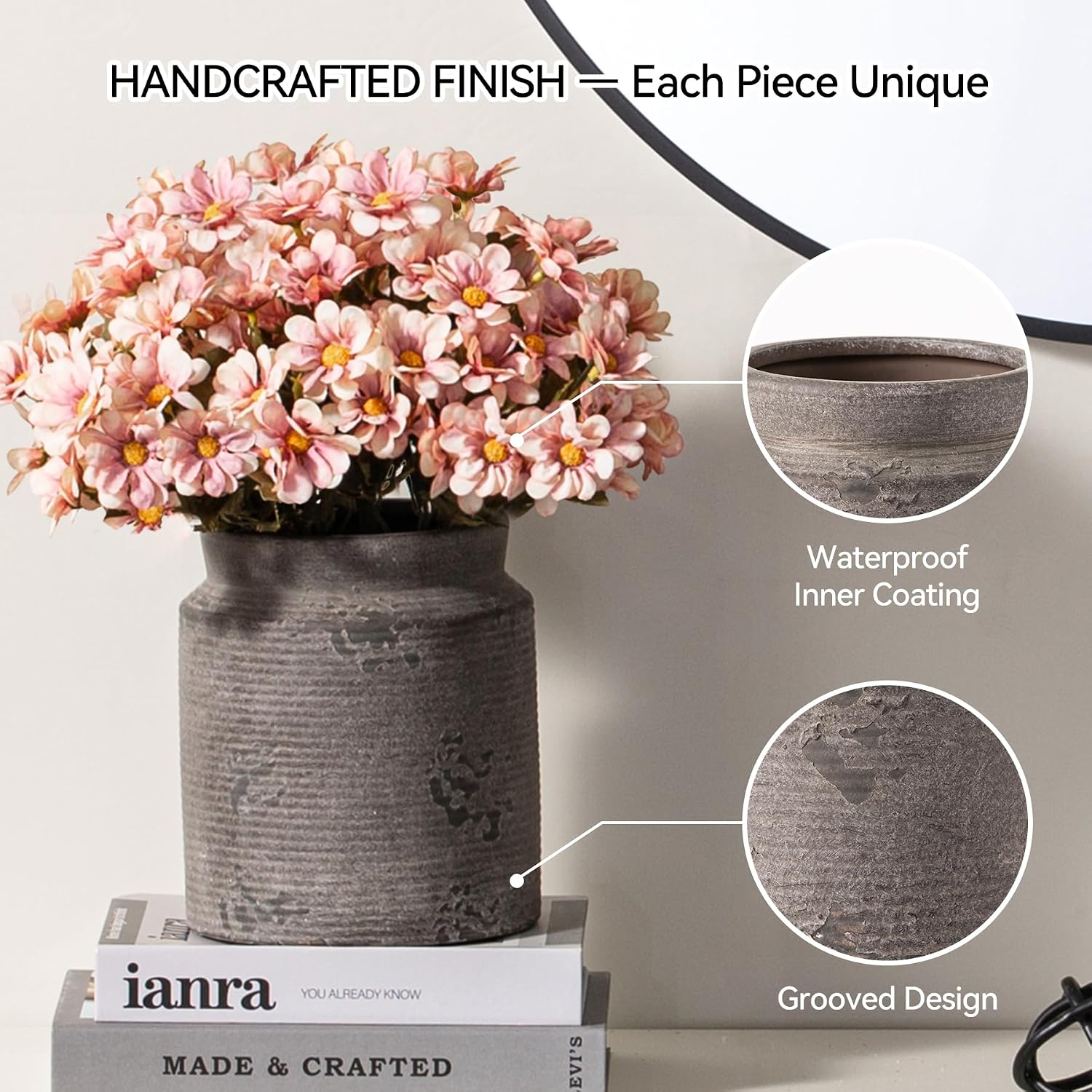 Ceramic Flower Vase 7.5 inch Farmhouse Rustic Vase for Home Decor Handcrafted Pottery Terracotta Vases for Dining Table Decor Fireplace Living Room Bathroom Wedding Centerpiece (M-Dark Gray)