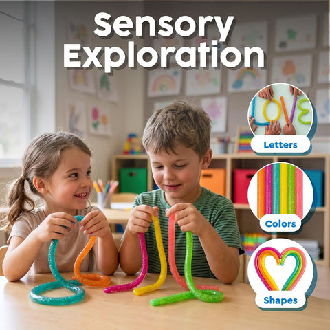 BUNMO Sensory Toys Stretchy Strings for Toddlers 3+ - Stimulating & Addictive Fidget Toys for Kids - Hours of Fun for Kids - Non-Mouthable Toy 3+ - Glitter 6 Pack