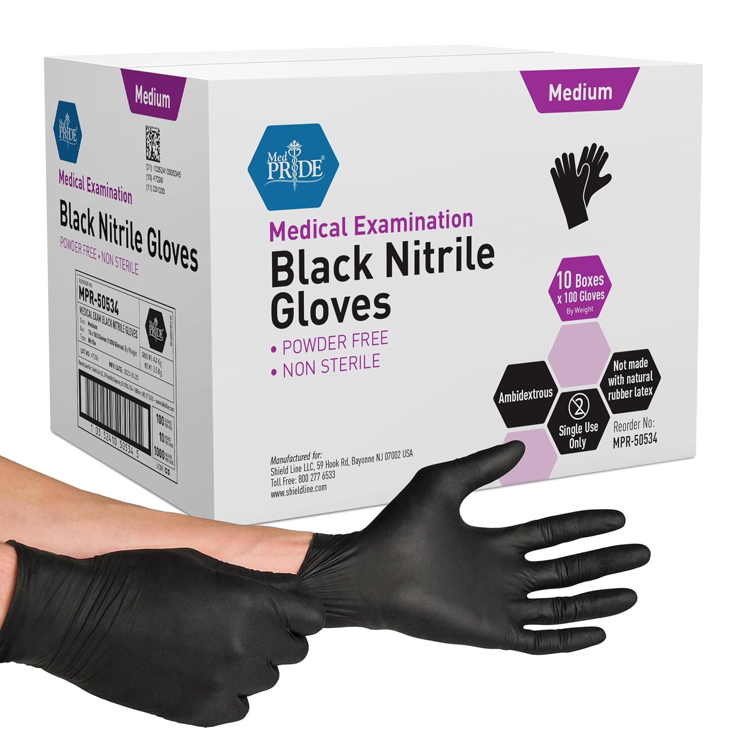 MED PRIDE Black Nitrile Gloves, 4 Mil,Latex & Powder-Free,Medium,1000-Count