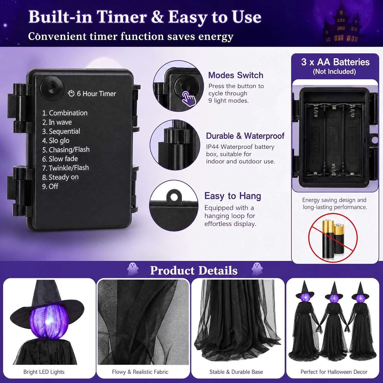 Dazzle Bright Halloween Witch Decorations Outdoor, Set of 3 Light Up Head Holding Hands Witch with Stakes, Waterproof Witch Decor for Garden Yard Lawn Haunted House Decor