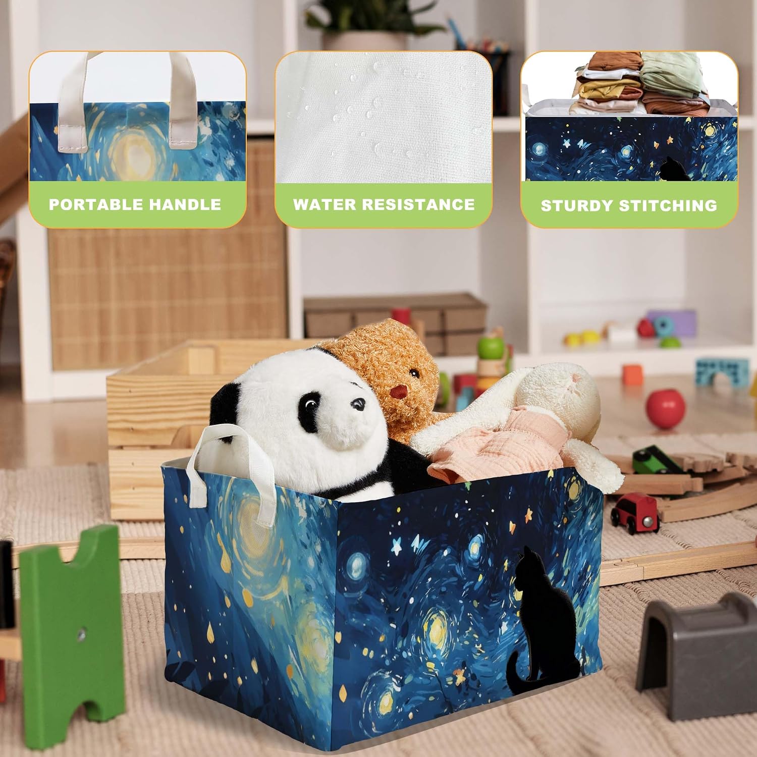 Starry Night Black Cat Toy Basket, Closet Shelf Organizer Baskets for Nursery Decor, Bathroom, Bedroom, Home Decor Gift Basket Large Squarecanvas Laundry Hamper With a Waterproof PE Coating, Foldable