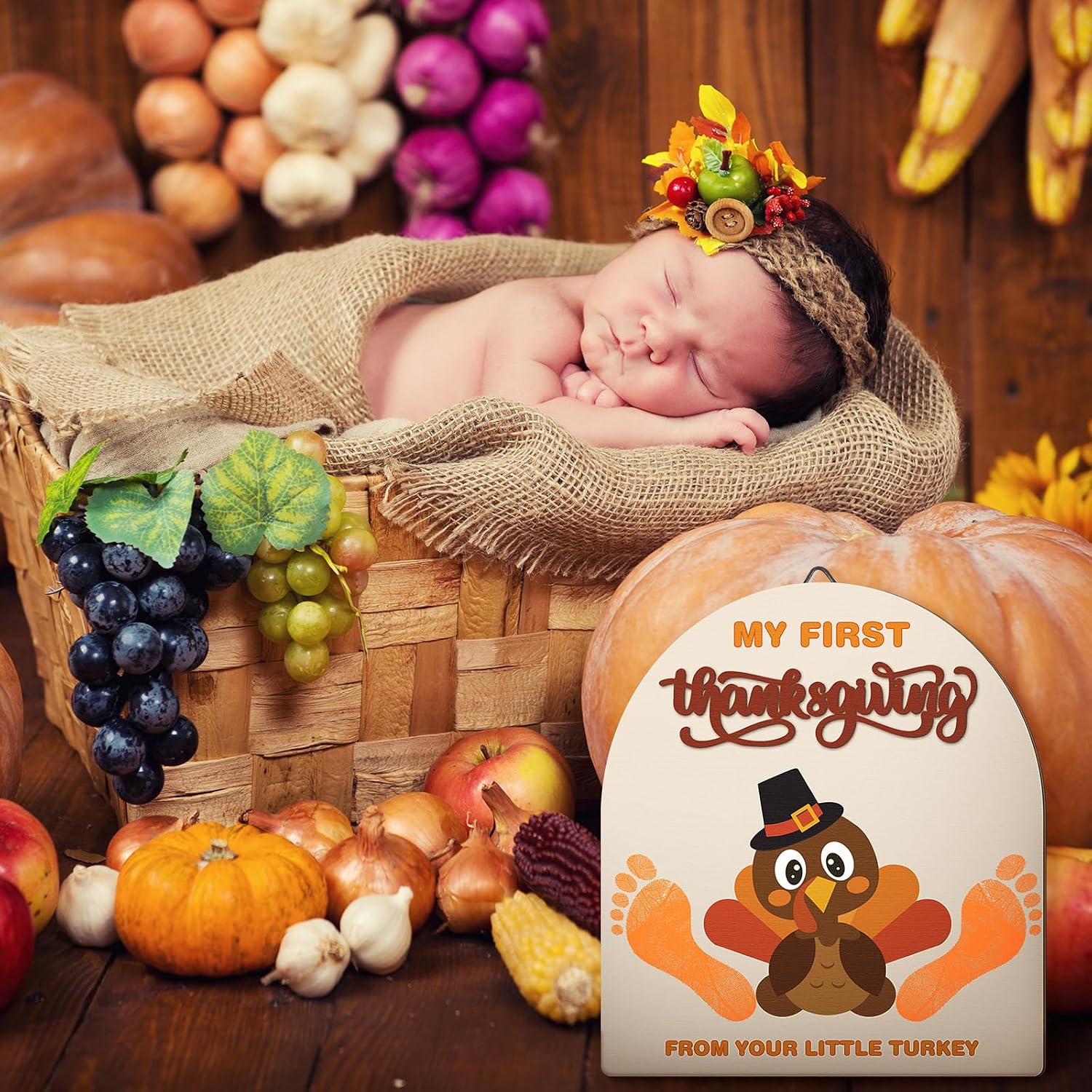 Beeveer Baby's First DIY Footprint Art Wooden Milestone Card Keepsake Little Boo Sign Nursery Decorative Ornaments for Baby Shower Newborn Photoshoot Prop (Thanksgiving Turkey)