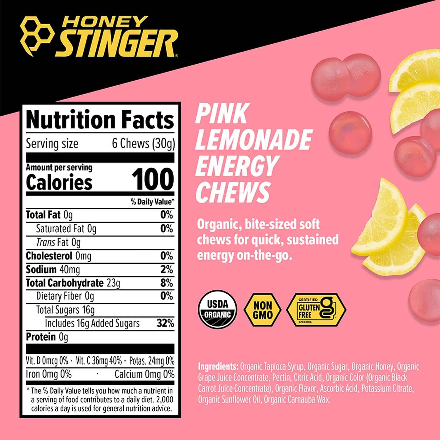 Honey Stinger Organic Pink Lemonade Energy Chew, Gluten Free & Caffeine Free, for Exercise, Running and Performance, Sports Nutrition for Home & Gym, Pre and Mid Workout, 21.6 Ounces (Pack of 12)