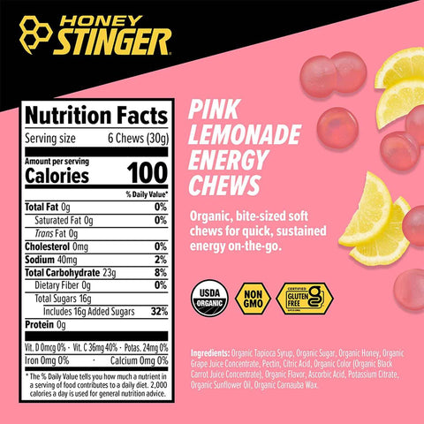 Honey Stinger Organic Pink Lemonade Energy Chew, Gluten Free & Caffeine Free, for Exercise, Running and Performance, Sports Nutrition for Home & Gym, Pre and Mid Workout, 21.6 Ounces (Pack of 12)