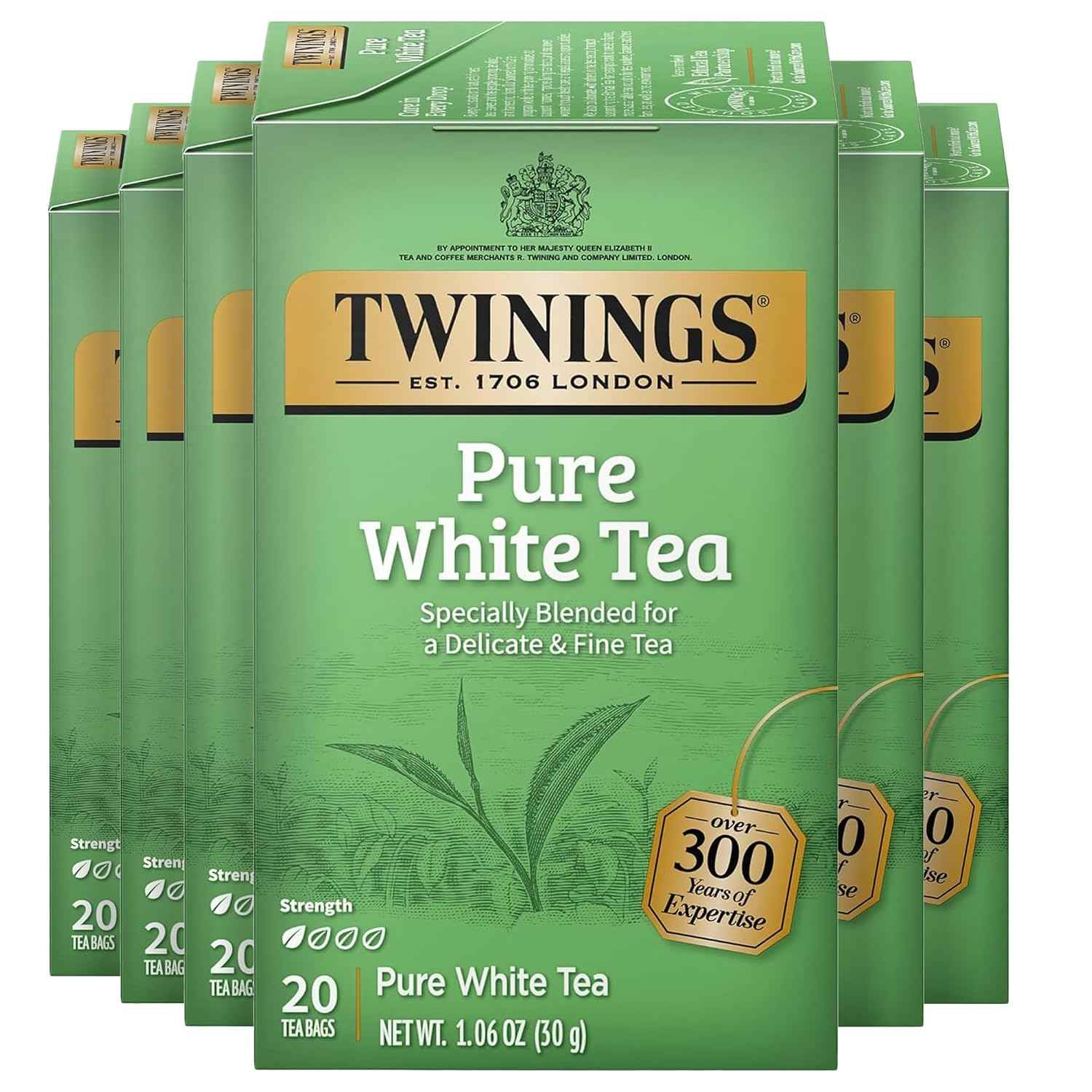 Twinings Pure White Tea Bags, Unopened Tender Tea Buds, 20 CT Box (6 Pack) | Delicate, Hand- Picked, Fine & Smooth, A Light, Natural Taste, 120 Foil Lined Individually Wrapped Bags, Enjoy Hot or Iced