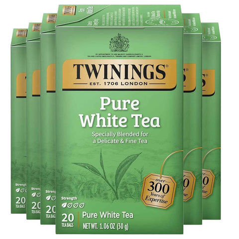 Twinings Pure White Tea Bags, Unopened Tender Tea Buds, 20 CT Box (6 Pack) | Delicate, Hand- Picked, Fine & Smooth, A Light, Natural Taste, 120 Foil Lined Individually Wrapped Bags, Enjoy Hot or Iced