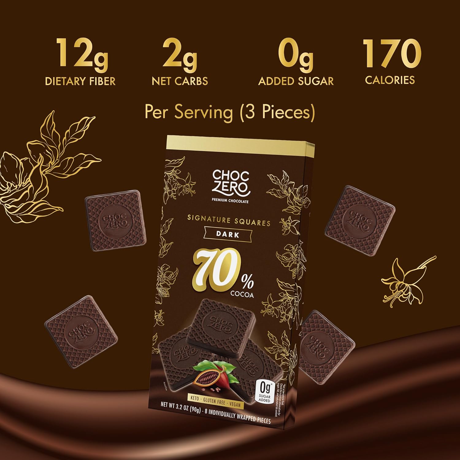 ChocZero 70% Cocoa Sugar Free Dark Chocolate Squares, Vegan, 4 Pack
