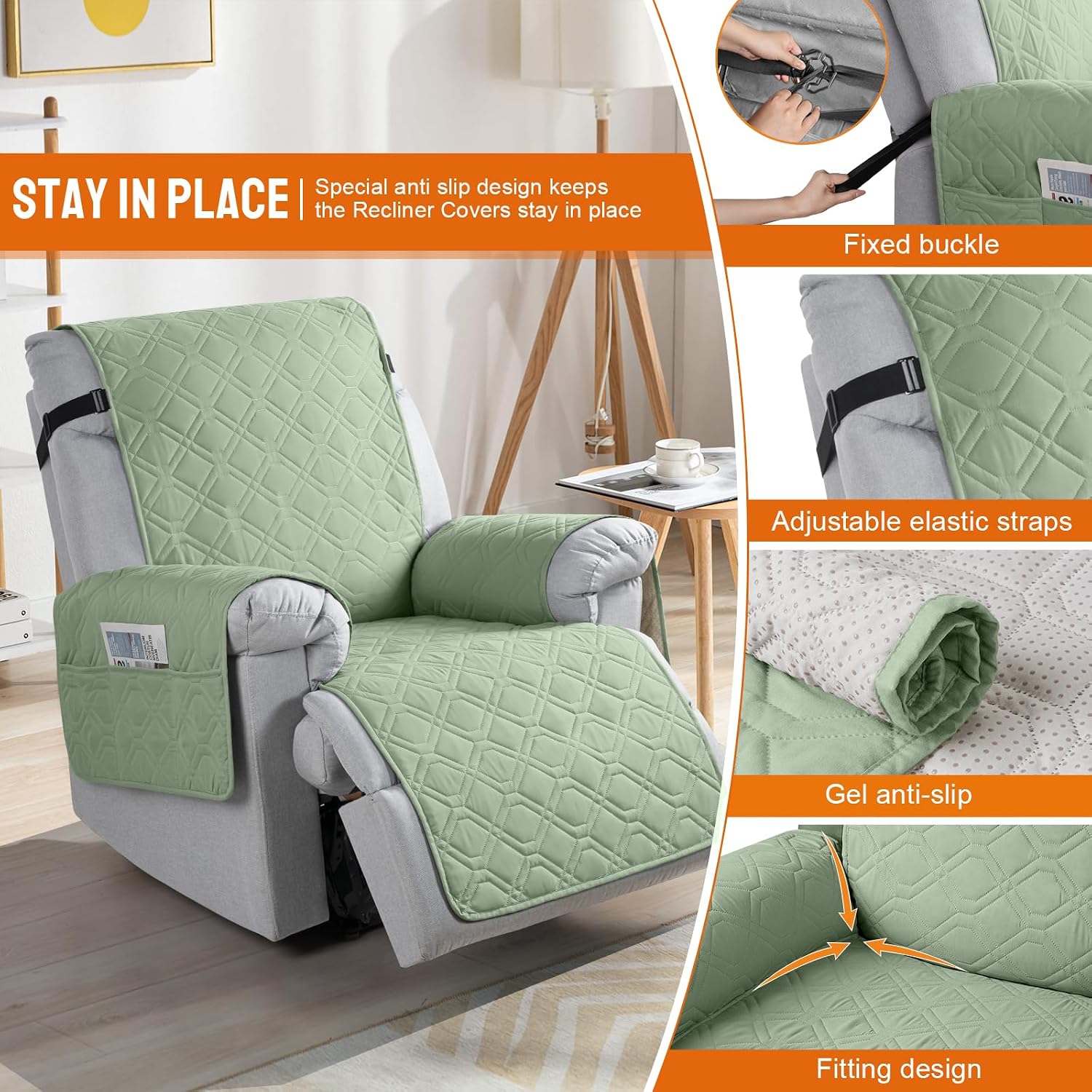 VANSOFY 100% Waterproof Recliner Chair Covers, Recliner Cover Non-Slip Dog Chair Cover Furniture Protector Washable Slipcover with Pocket, Elastic Straps for Pets, Dogs(Light Green, 28")