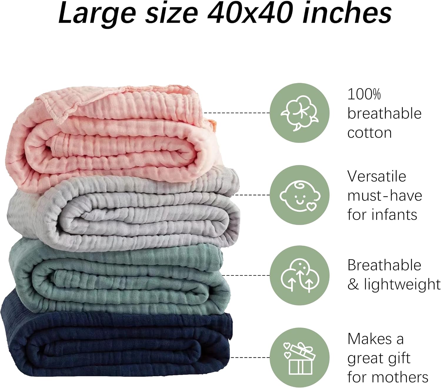 SWEET DOLPHIN Muslin Baby Bath Towels Blanket - 2 Pack 100% Cotton Towel for Babies, Infants, Toddlers - 40x40Inch - Highly Absorbent, Blue