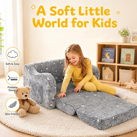 MOMCAYWEX Kids Sofa Chair, 2-in-1 Foldable Couch, Plush, Dusty Grey
